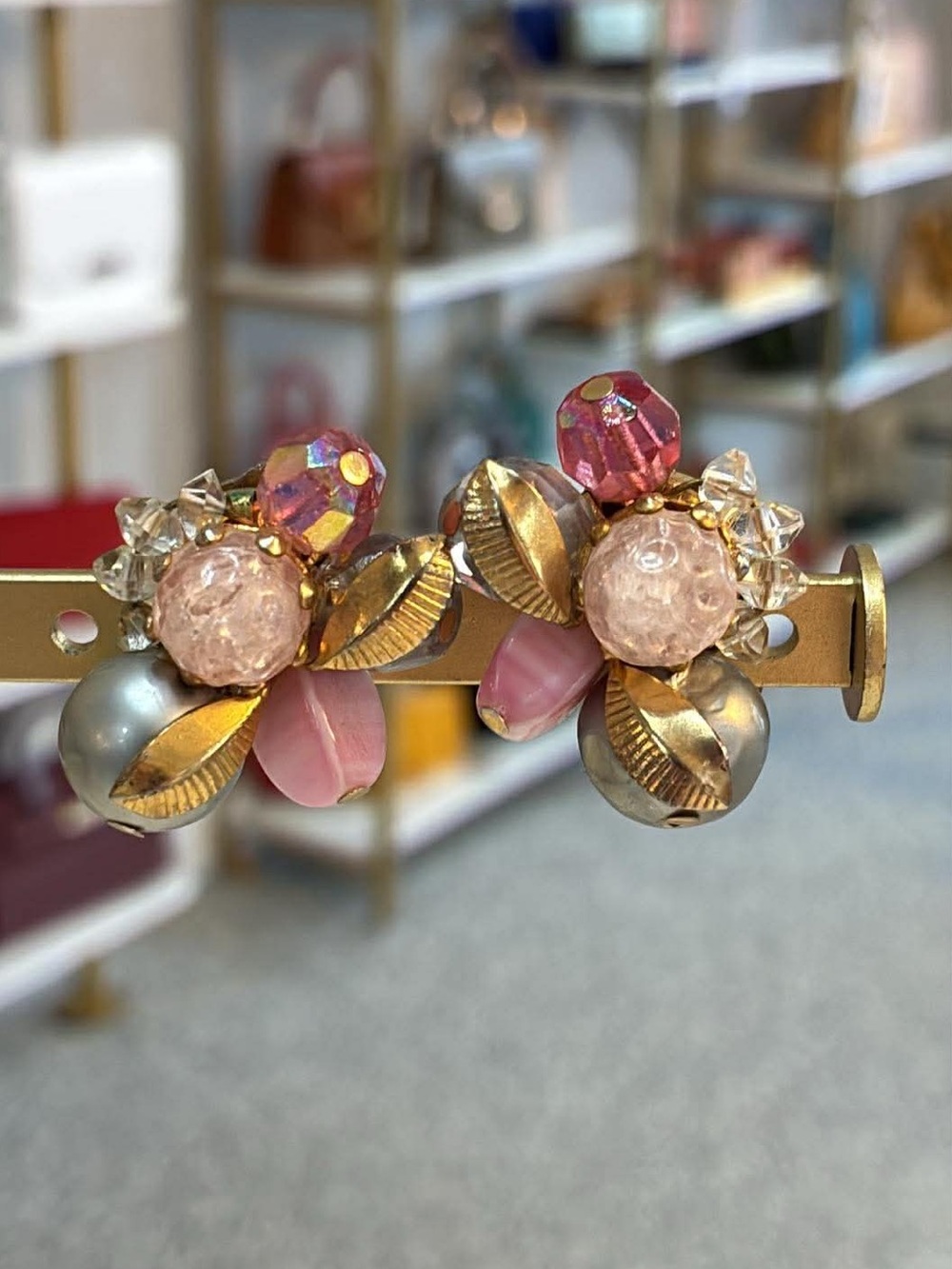 Hattie Carnegie Vintage Pink & Gold Cluster Clip-On Earrings